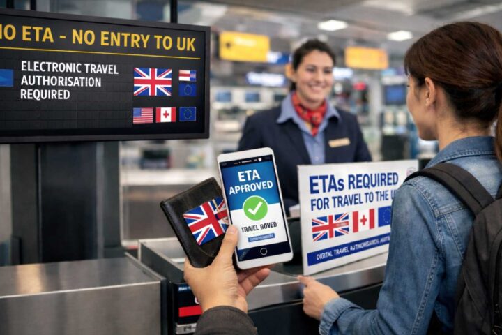 Traveler at airport check-in counter highlighting new UK Electronic Travel Authorisation requirement effective February 2026.