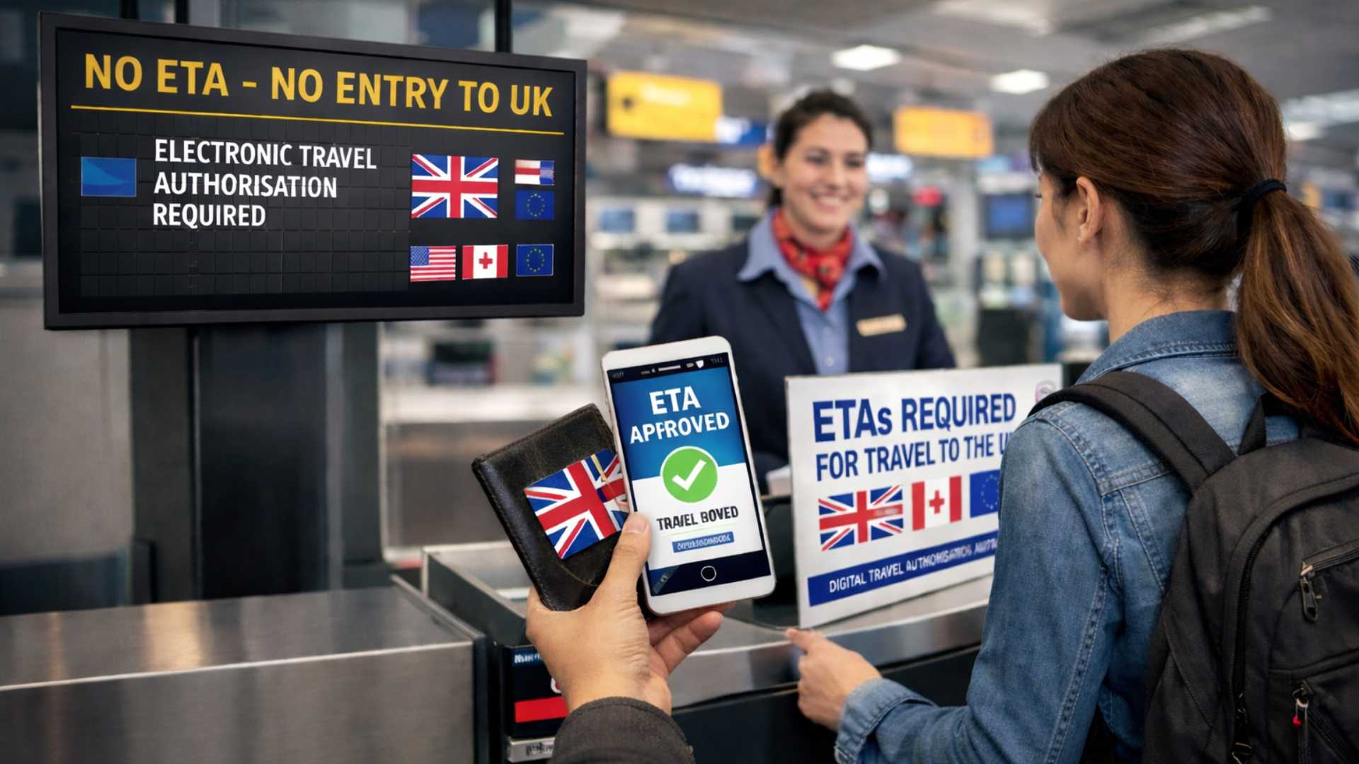 Traveler at airport check-in counter highlighting new UK Electronic Travel Authorisation requirement effective February 2026.